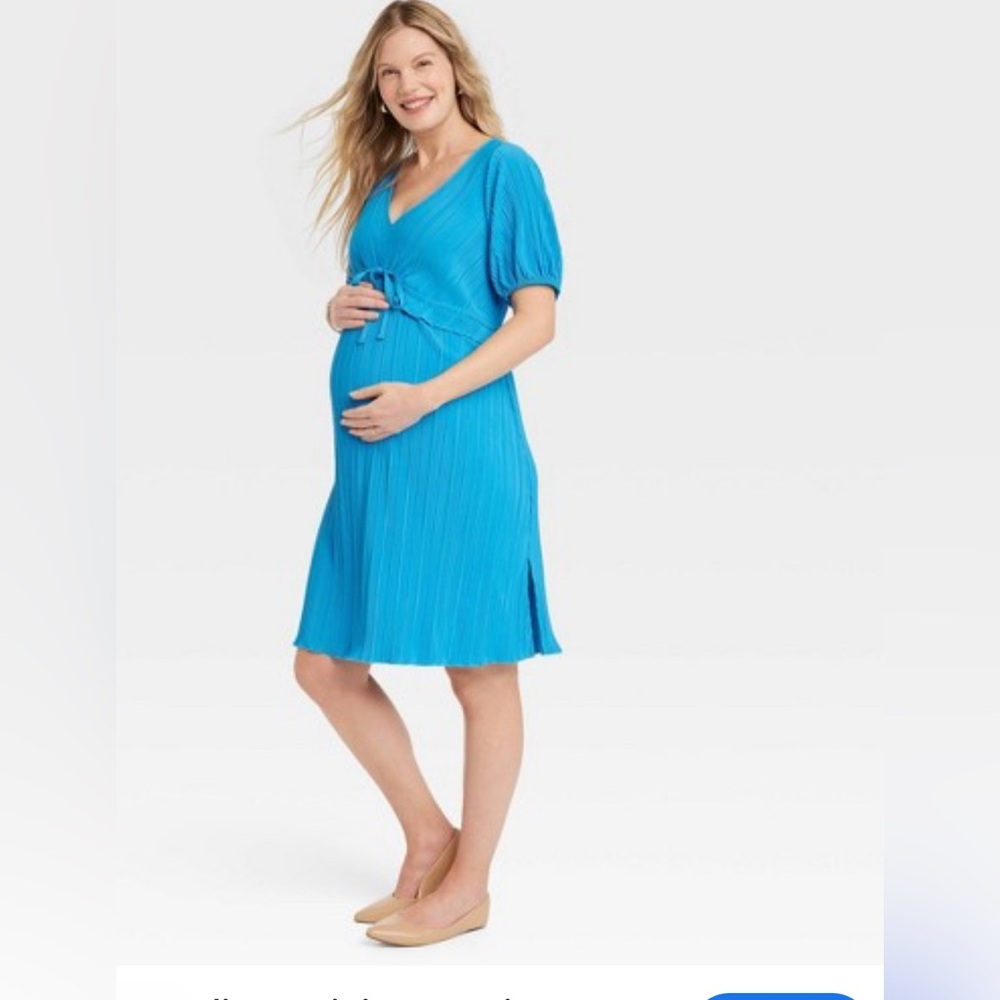 Short Sleeve Plisse Mini Maternity Empire Waist Dress Isabel Maternity Blue